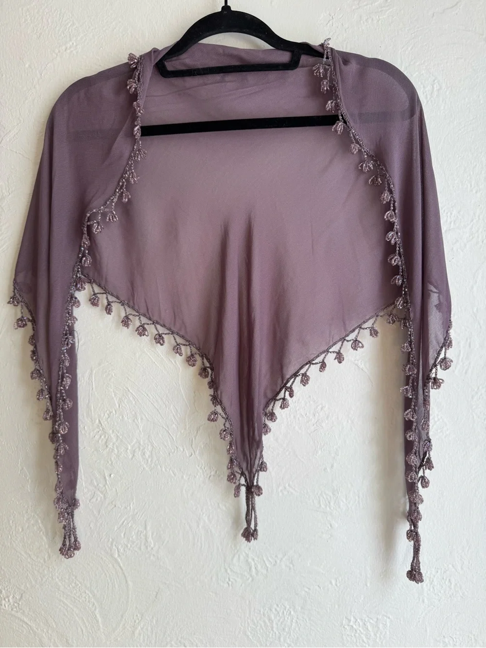 Sheer Chiffon Triangle Scarf Wrap with Beaded Crochet Fringe Mauve Purple Boho